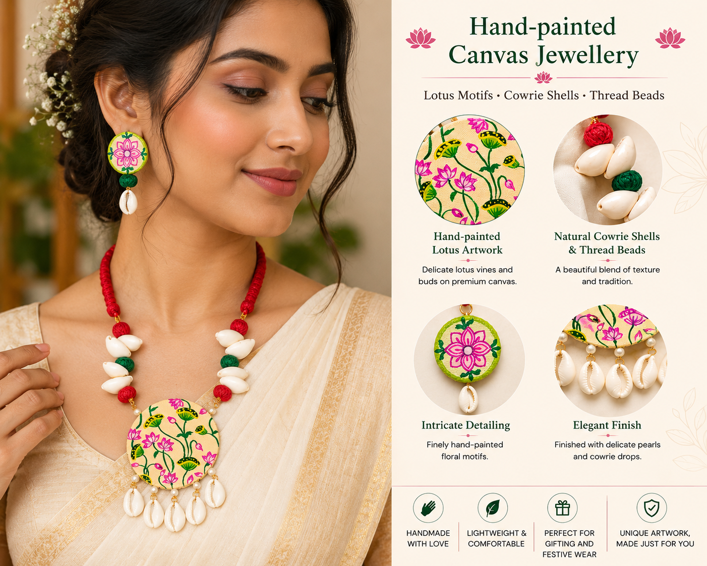PICHWAI LOTUS HANDPAINTED CANVAS COWRIE JEWELLERY SET - Image 3