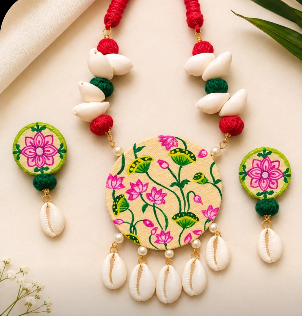 PICHWAI LOTUS HANDPAINTED CANVAS COWRIE JEWELLERY SET - Image 2