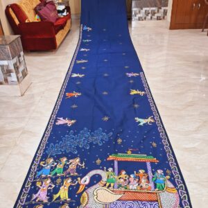 “Boita Bandana” – Handpainted Pattachitra Khadi Silk Saree in Midnight Blue