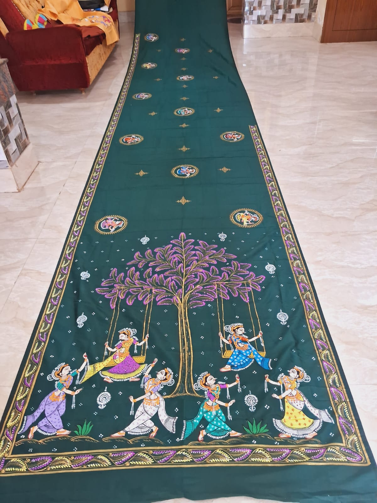Rajo theme Bottle Green Khadi Silk Handpainted Pattachitra Saree