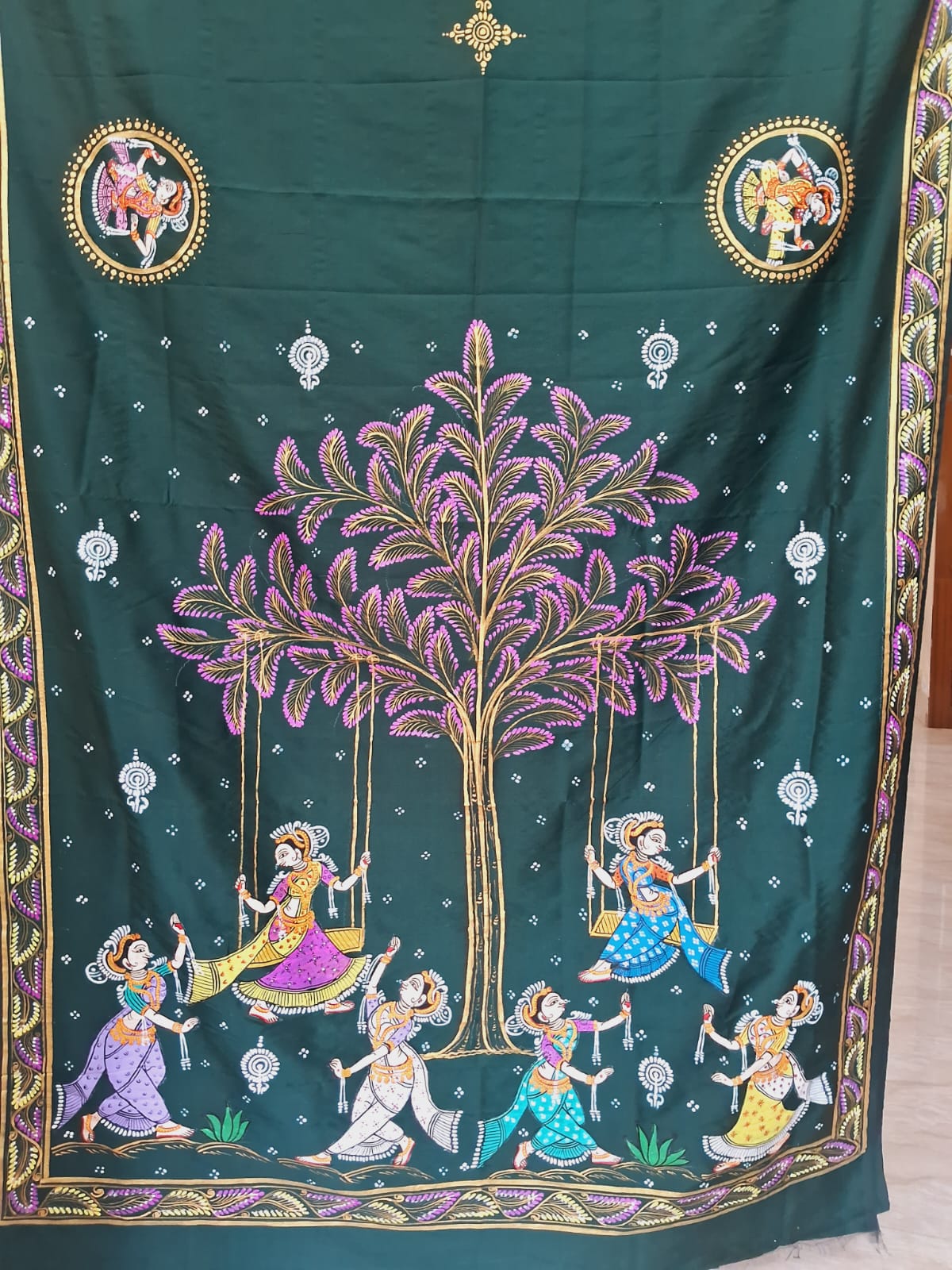 Rajo theme Bottle Green Khadi Silk Handpainted Pattachitra Saree - Image 2
