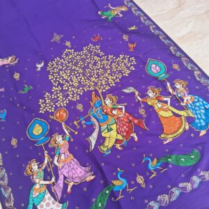 “Raas Leela” – Handpainted Pattachitra Khadi Silk Saree in Royal Purple